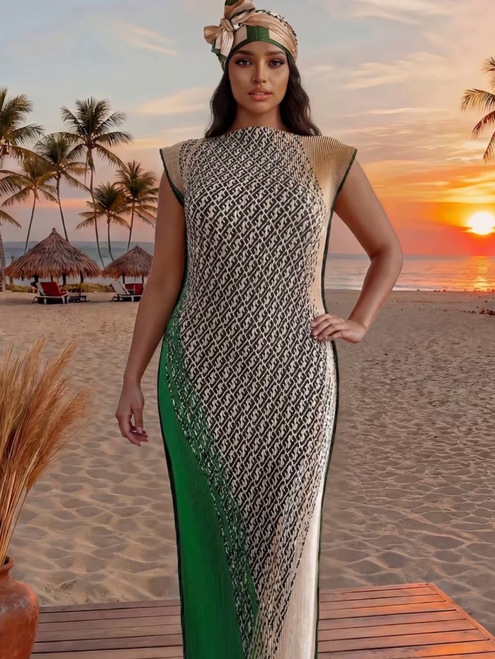 Elegant Green & Cream Patterned Maxi Beach Dress